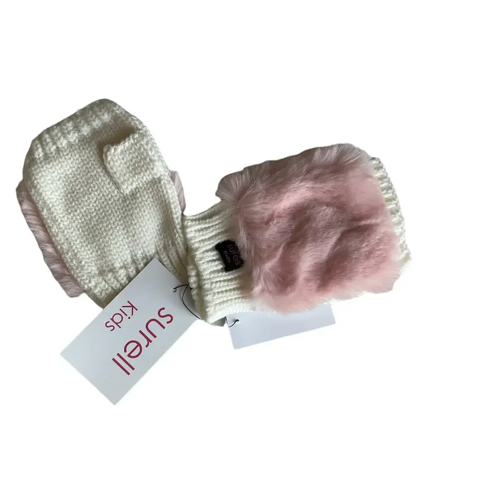 Surell Girls Knit‎ Mittens w/faux Fur Trim  OS *NWT